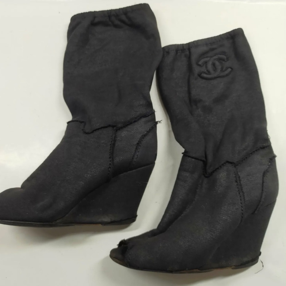 CHANEL Vintage Black Open Toe Wedge Boots - SZ 36 / 6